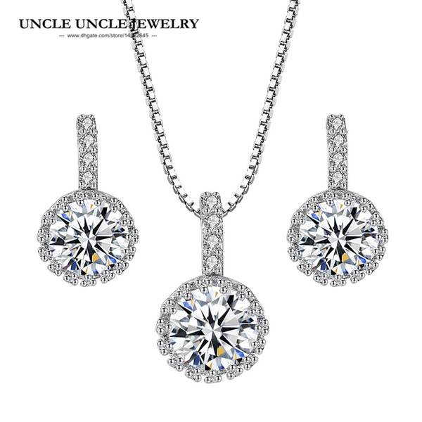 On Sale White Gold Color Classic Clear Round Cubic Zirconia Hearts and Arrows Woman Jewelry Set Earrings/Necklace Wholesale Gift