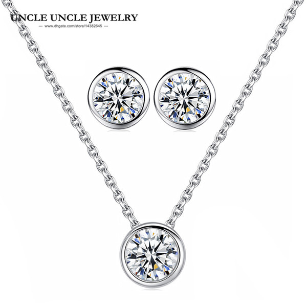 Brand Design Simple Style White Gold Color 1ct Clear Round Cubic Zirconia Woman Jewelry Set Necklace/Earring Wholesale Gift