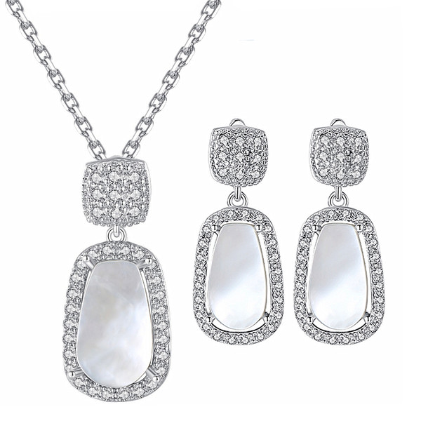 Elegant White Gold Color Simulated Pearl Shells Rhinestones Simple Design Woman Jewelry Set Necklace/Earring Wholesale