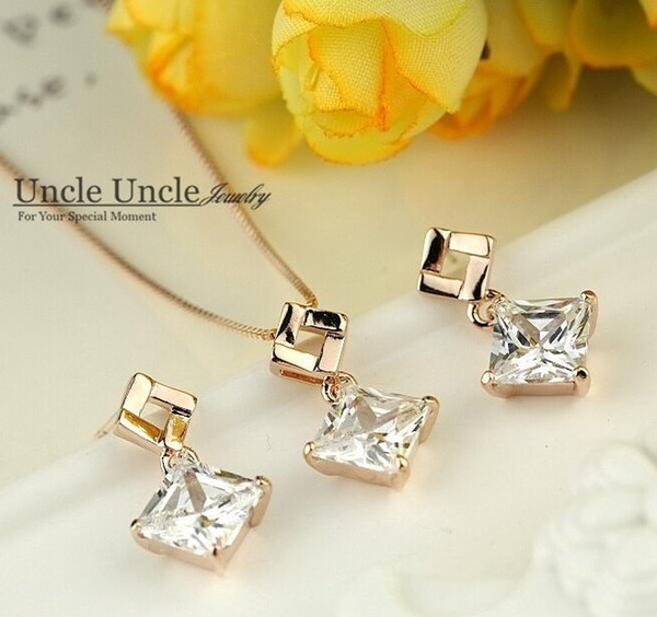 Rose Gold Color Austrian Zircon Inlaid Square-Shape Element Design Lady Jewelry Set Earrings/Necklace