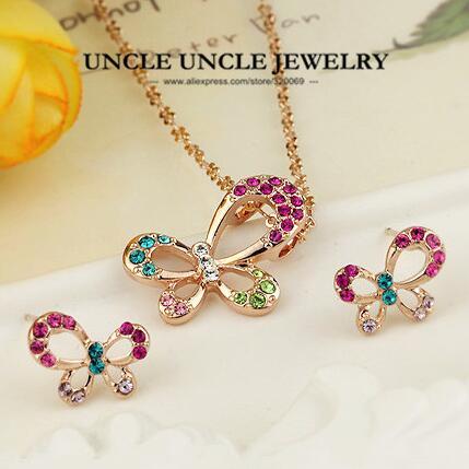 Rose Gold Color Multicolor Rhinestones Setting Lovely Butterfly Design Lady Jewelry Set Earrings/Necklace Wholesale