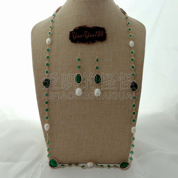 S091210 36'' White Rice Pearl Green Crystal Chain Necklace Earrings Set