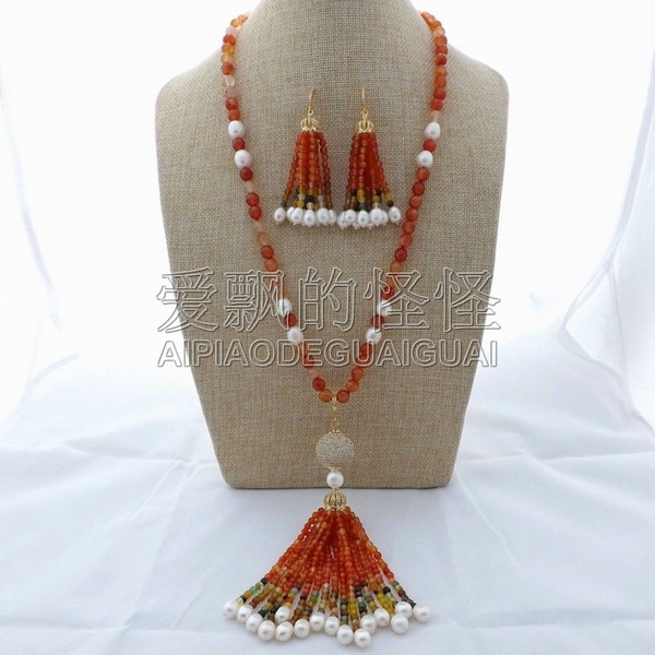 S112902 26'' Orange Onyx White Pearl Necklace Earrings Sets