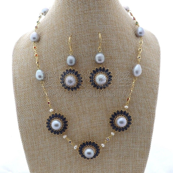 S011907 19'' Gray Pearl Chain CZ Pave Flower Necklace Earrings Set