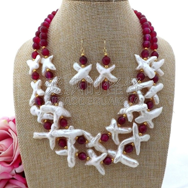 S091312 18'' 2 Strands White Cross Pearl Onyx Necklace Earrings Set