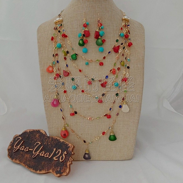 S010617 18'' 5 rows Multi Color Coral Pearl Chain Necklace Earrings Set