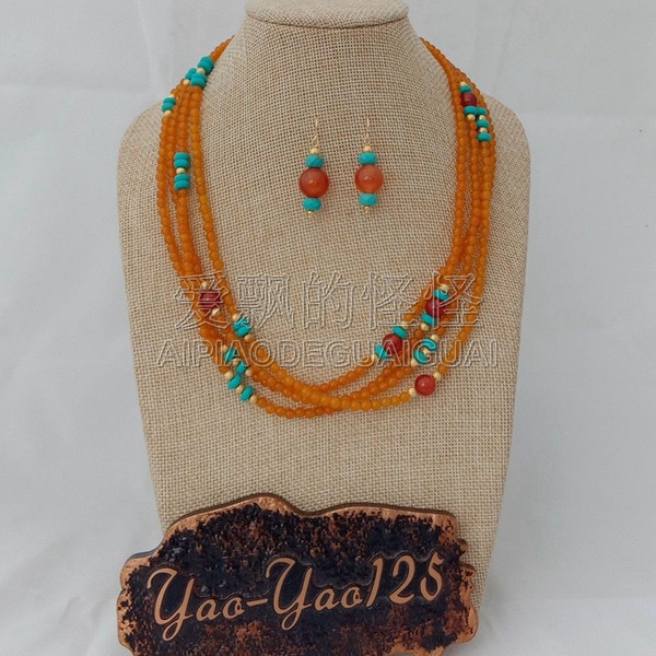 S011823 19'' 4 Strands Orange Gems Red Stone Necklace Earrings Sets