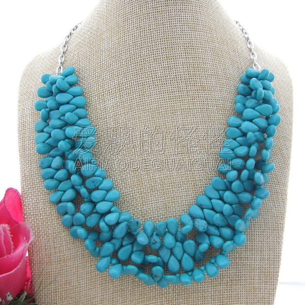 S080138 3 Strands Blue Stone Necklace Earrings Set