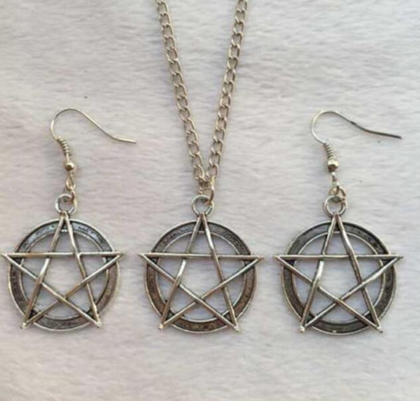 10Set Vintage Silvers Gothic Witchcraft Pentagram Statement Chain Necklace&Earrings Jewelry Set DIY For Women Brand Valentine's Gift NEW