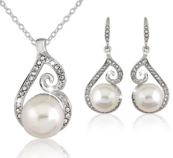 Newest Women Crystal Pearl Pendant Necklace Earring Jewelry Set 925 Silver Chain Necklace Jewelry 12pcs Accessories NEW