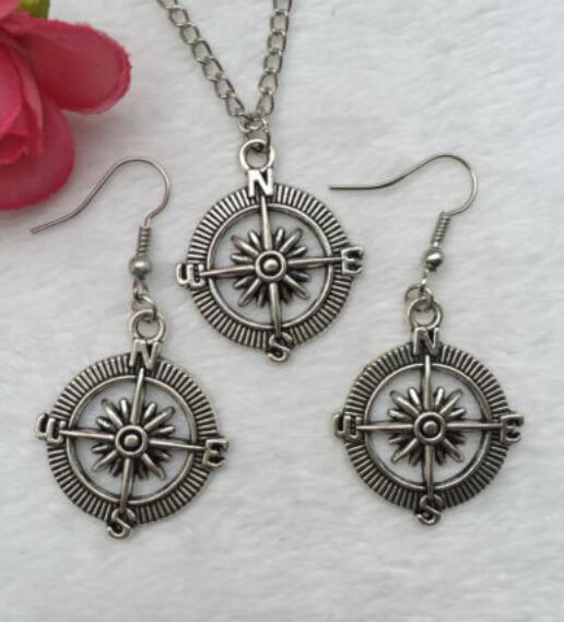 10Set Vintage Silvers Compass Statement Chain Necklace&Earrings Jewelry Set DIY For Women Handmade Valentine's Gifts Handmade Accessories