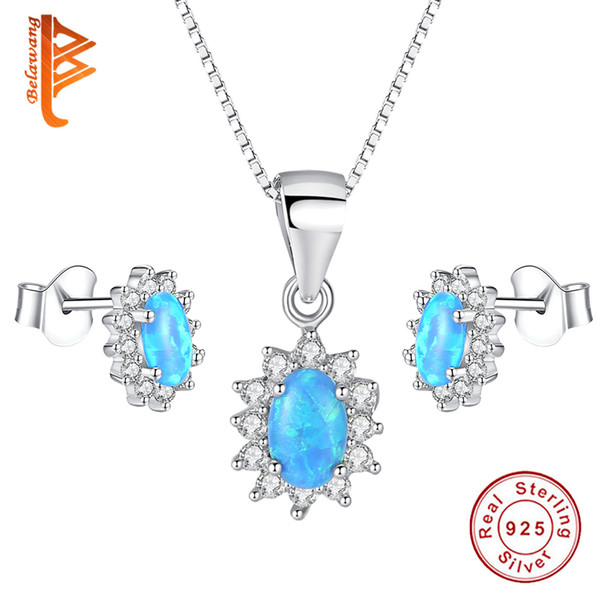 BELAWANG For Women Popular Blue Opal Pendant Necklace&Stud Earrings 925 Sterling Silver Jewelry Sets Wedding Gift