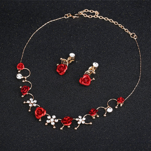 Vintage Red Rose Clip Earrings Necklace Suit Women Romantic Rhinestone Flower Wedding Jewelry Sets Gold Plated Alloy Accessories Wholesale