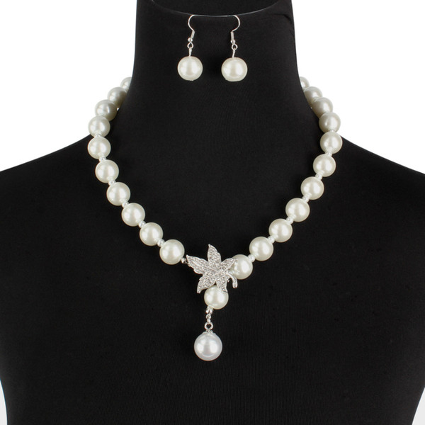 Simple Imitation Pearl Jewelry Set Irregular Rhinestone Maple Leaf Pendant Necklace Earrings Luxury Bride Wedding Accessories Wholesale