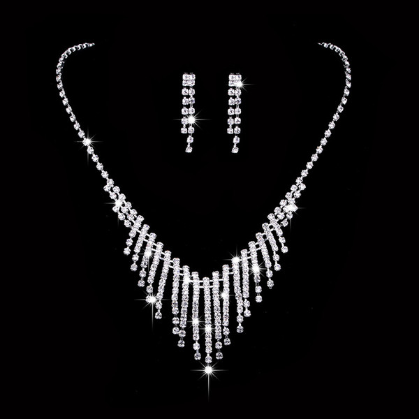 Shiny Rhinestone Long Tassel Necklace Earrings Simple Copper Silver Plated Necklaces Bride Fashion Wedding Jewelry Set Accessories Wholesale