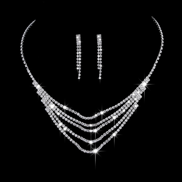 Multilayer Shiny Rhinestone Necklace Earrings Simple Copper Silver Plated Necklaces Bride Fashion Wedding Jewelry Set Accessories Wholesale