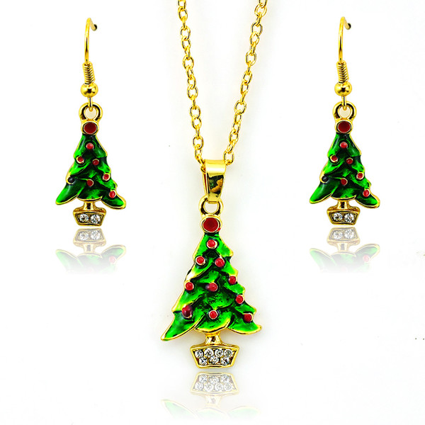 New Arrival Fashion Jewelry Sets Gold Plated White Rhinestone Christmas Tree For Women Earrings Necklace Set Wholesale