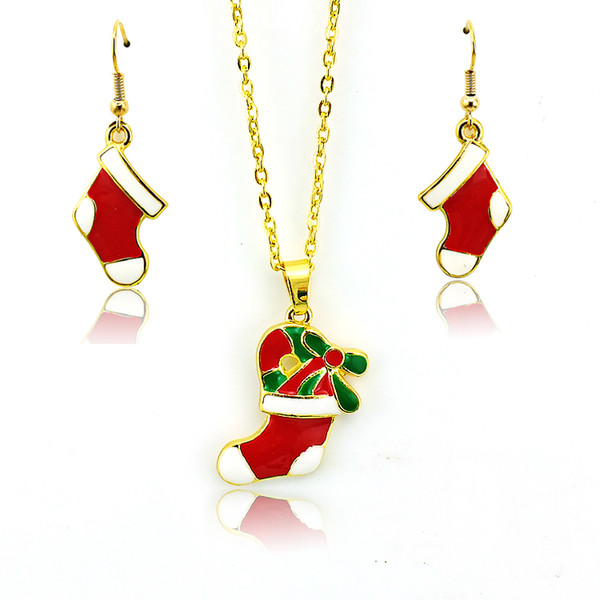 Fashion Jewelry Sets Red Enamel Christmas Stocking Pendants Gold Plated Earrings Necklace Sets For Women Christmas Jewelry