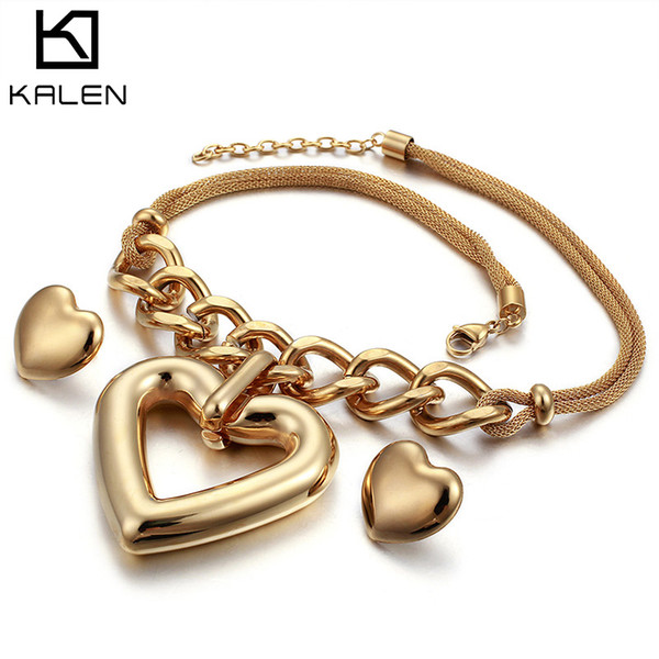 Pendant Necklace & Earrings Female 2018 Statement Jewelry Set Chile Gold Stainless Steel Love Heart Shaped Party Jewelry KALEN