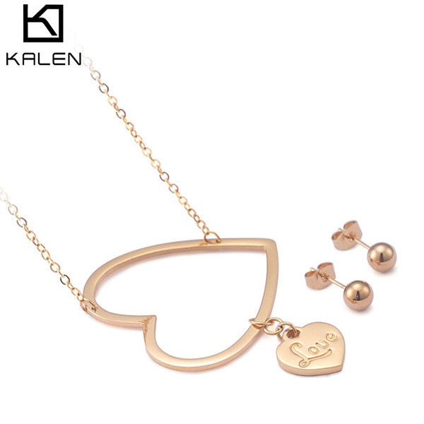 Pendant Necklace & Earring With Chain Heart Jewelry Sets Women Stainless Steel Gold Silver Cheap Ship KALEN