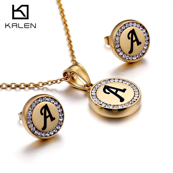 KALEN Necklace For Women 2018 Wholesale A~M Letter Pendant Stainless Steel Gold Earring Women's Jewelry Set