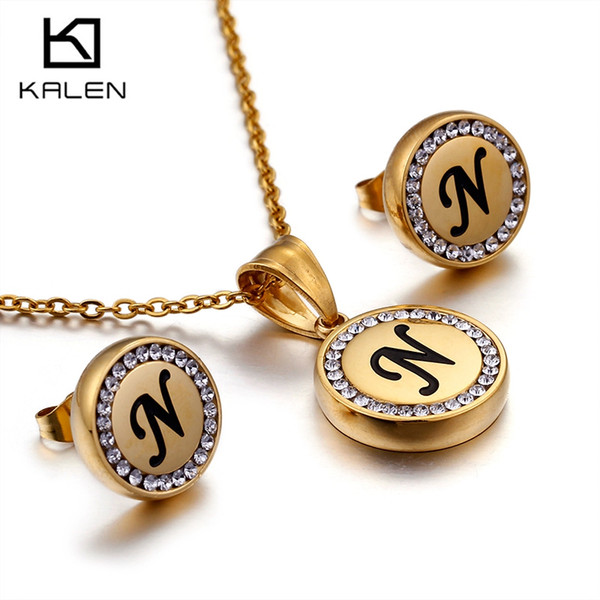 KALEN Necklaces Pendants Wholesale N~Z Letters Stainless Steel Alfabet Initial Necklace Earring Choker Necklace Jewelry Set