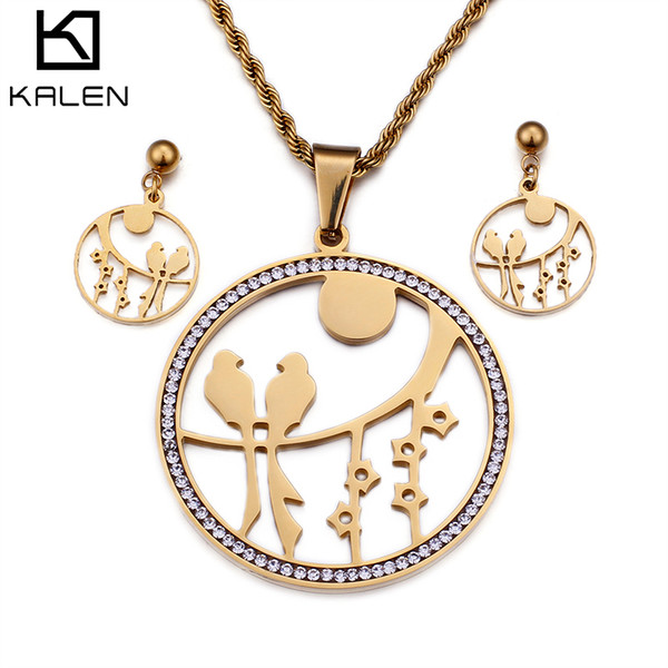 Pendant Necklace & Earring Couple Birds Zircon Jewelry Sets For Women Gold Silver 304 Stainless Steel KALEN