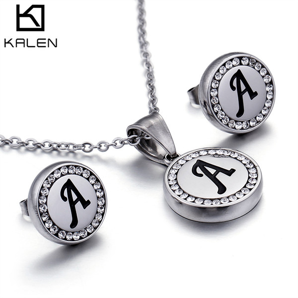 Letter Pendant Necklace For Women 2018 Wholesale A~M Stainless Steel Silver Earring Women's Jewelry Set KALEN