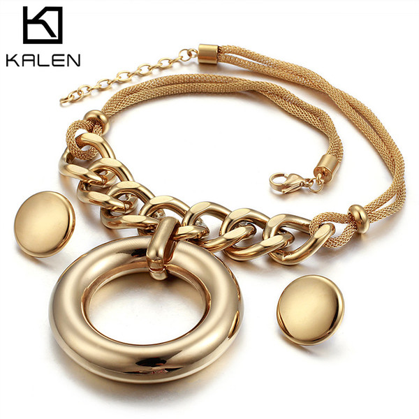 Jewelry Set 2018 Gold Stainless Steel Round Shape Women Pendant Necklace & Earrings Female Carnival Jewelry KALEN