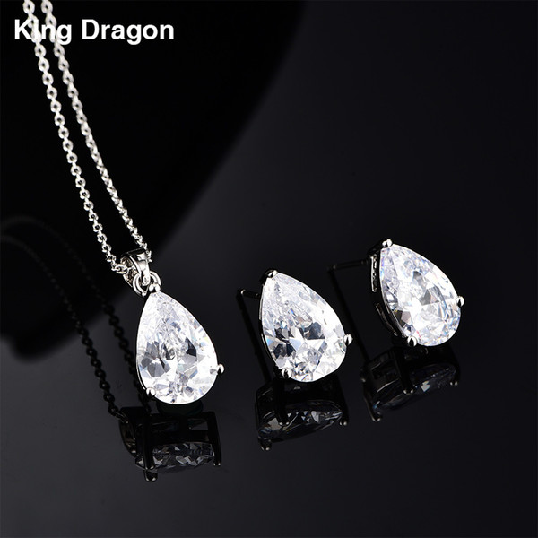 Water Drop Cubic Zirconia Pendant Necklace Set Wedding Jewelry Set For Women Copper Adjustable Chain Gift Box Packing CZS-8009