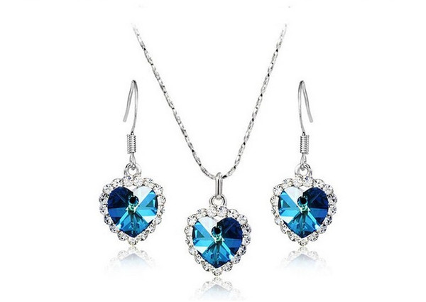 Hot Sales!18K Platinum Plated Fashion Women Titanic Heart Jewelry Sets Austrian Crystal Pendant Necklaces Drop Earrings for Women