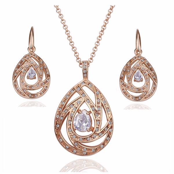 Classical 18K Rose Gold Plated Fashion Women Jewelry Sets Genuine Austria Crystal Pendant Necklace Drop Earring for Women S071