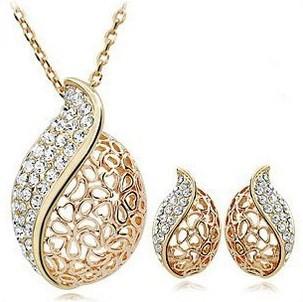 Classical 18K Gold Plated Fashion Costume Women Jewelry Sets Genuine Austrian Crystal Ball Pendant Necklace Stud Earrings for Women