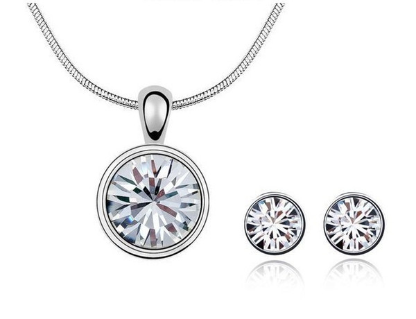 Wholesale 18K Platinum Plated Fashion Costume Women Jewelry Sets Genuine Austrian Crystal Round Pendant Necklace Stud Earrings