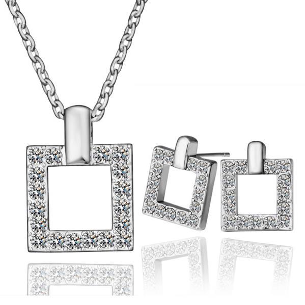 Hot Sale!18K Platinum Plated Fashion Women Square Jewelry Sets Austrian Crystal Pendant Necklaces Stud Earrings for Women