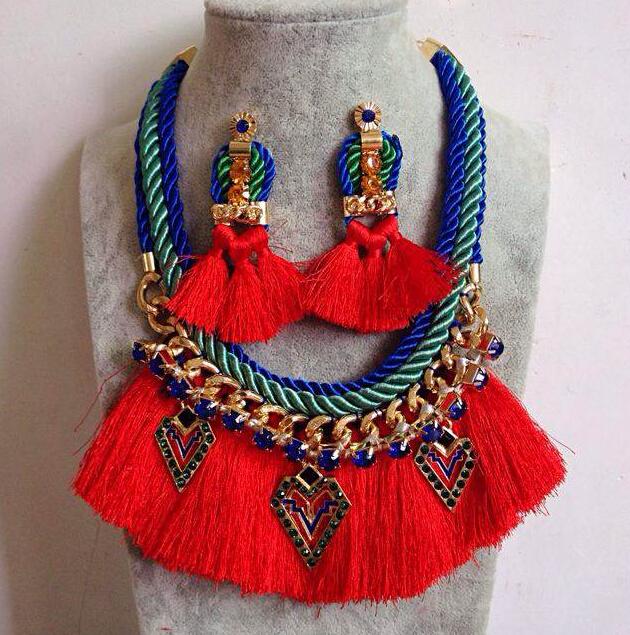 Geoemtry Charms Thread Tassels Choker chunky Necklace Earring Jewelry Set Bohemia Style Ribbon Gold Link Chain Metal Crystal Rhinestone