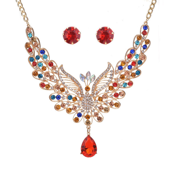 European And American Retro Palace Color Diamond Peacock Necklace Fashion Big Hot Water Drop Pendant Necklace Set Wholesale