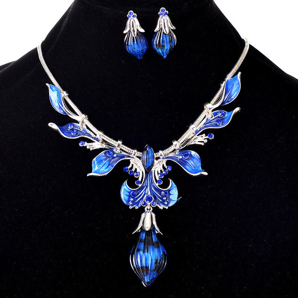 Factory Direct Europe And The United States Big Fashion Necklace Earrings Set Exaggerated Peacock Leaves Drop Oil Burst Ornaments