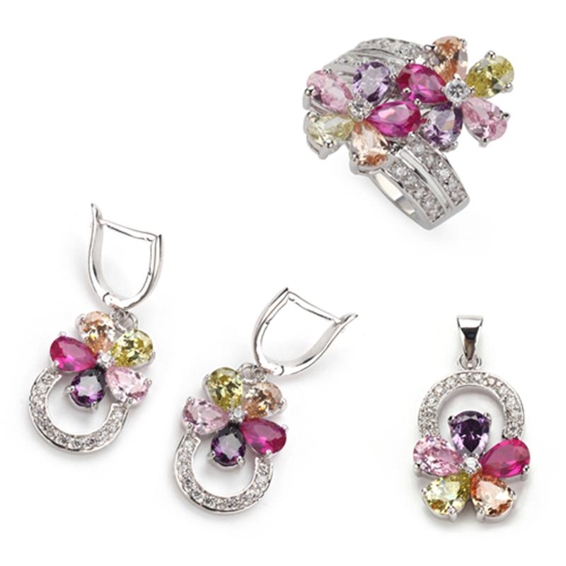 Pink Amethyst Morganite Peridot gemstone silver Plated fashion heart set (ring/earring/pendant) 504set sz#6 7 8 9