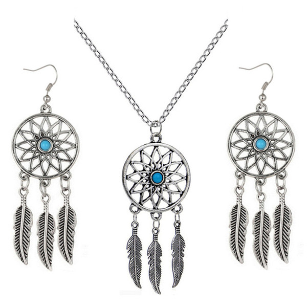 Harajuku Bohemia Style Antique Silver Plated Dream Catcher Turquoise Pendant Necklace Women Tassel Earrings Set Fashion Jewelry CX435