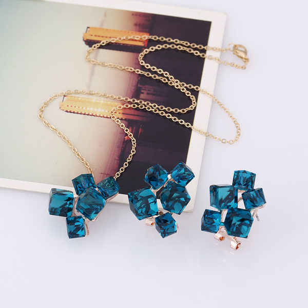 Gold-plated jewelry set necklace earrings set sapphire cube crystal bride two-piece Jewelry set