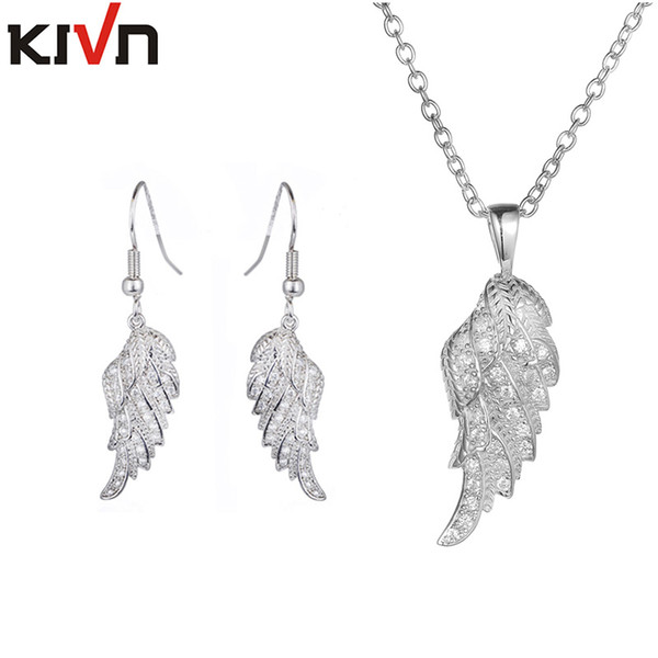 KIVN Jewelry Sets CZ Cubic Zirconia Angel Wing Feather Bridal Wedding Earrings Necklaces Jewelry Sets Mothers Birthday Gifts