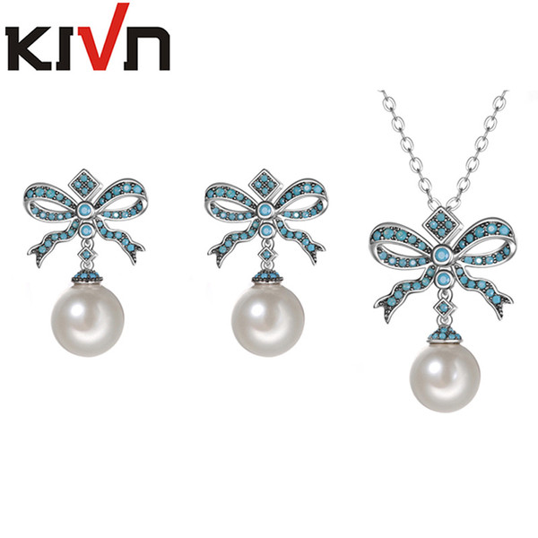 KIVN Womens Fashion Jewelry Set Bow Ribbon CZ Cubic Zirconia Simulated Pearl Earring Necklace Jewelry Set Mothers Birthday Gifts