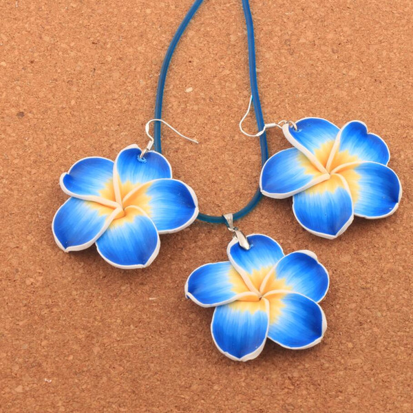 7sets/lot Plumeria Flower 925 Silver Earrings Pendant Necklace Set Colorful Handmade Clay Lily Polymer Clay Flowers 40mm Pendant NE3105