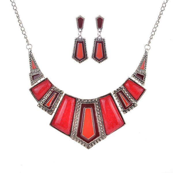 New arrival hot sale 2017 popular imitation stone resin, drip oil necklace, earrings set, geometric jewelry necklace