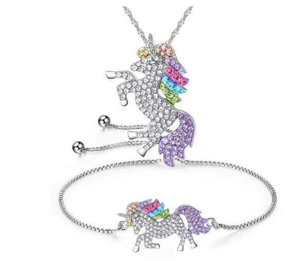 Unicorn pendant necklace and bracelets Crystal Pendant Necklace and Dangle Earrings Jewelry Sets for Wedding Jewelry