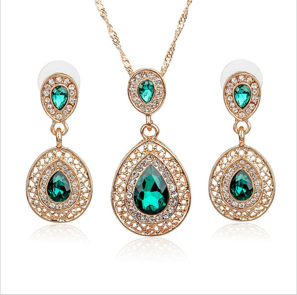 3 Clour Wedding Jewelry Sets Crystal Teardrop Shaped Earrings Necklace Earrings Set alloy diamond jewelry wedding dress accessories