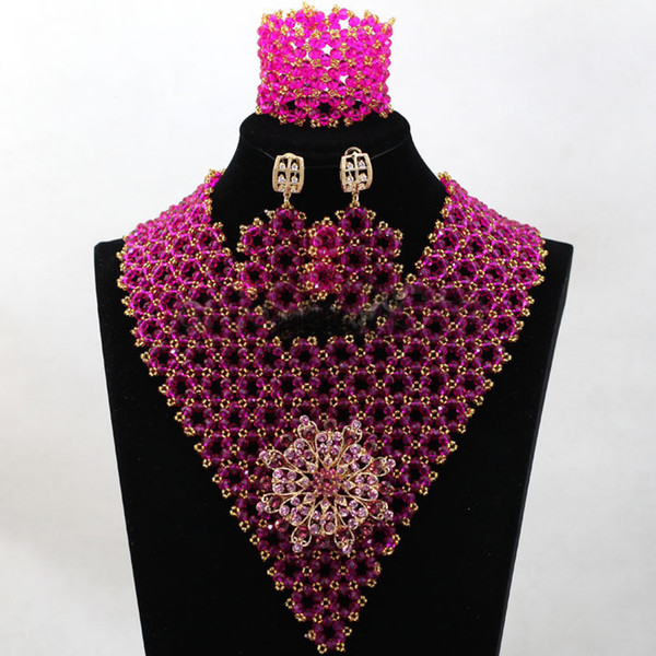 2019 fushia gold austrian crystal jewelry set with Rhinestone brooch bracelet necklace and earrings fashion Women africanCrystal Jewelry set