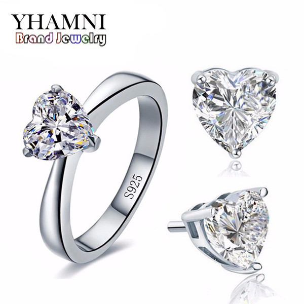 YHAMNI Original Bridal Wedding Jewelry Sets for Women Real 925 Sterling Silver Heart CZ Diamond Stud Earrings Ring Bridal Jewelry Sets TZ002