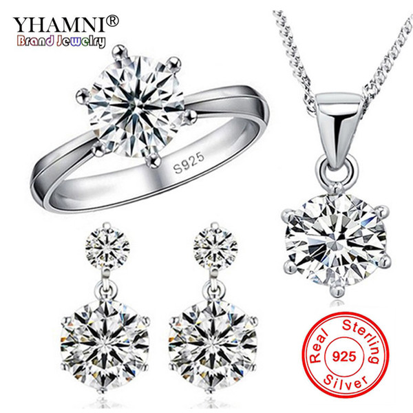 YHAMNI Fashion Real 925 Sterling Silver Ring Jewelry Sets Luxury CZ Diamond Band Wedding Bride Jewelry Sets for Women Gift R1264